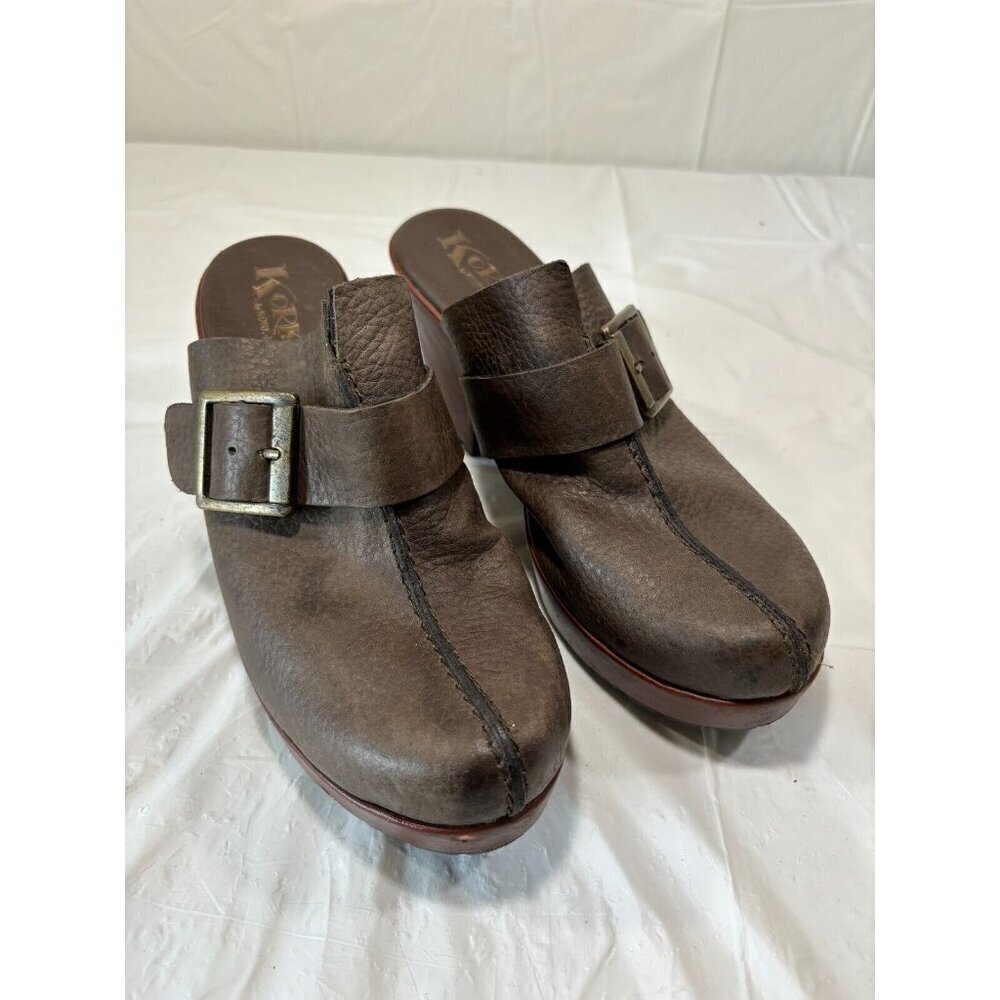 Kork Ease Sagano  Brown Leather Block Heel Clog Mule Shoes Boho